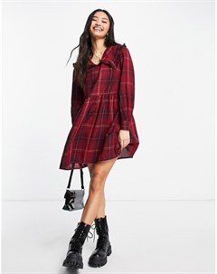 Свободное платье мини в стиле oversized с воротником в красную клетку New look