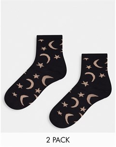 Набор из 2 пар черных носков из органического хлопка с принтом солнца и звезд Monki