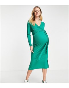 Трикотажное платье макси зеленого цвета с запахом спереди Mamalicious Maternity