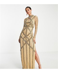 Золотистое платье макси с высоким воротником декоративной отделкой и длинными рукавами ASOS DESIGN T Asos tall