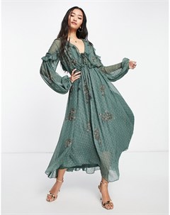 Платье миди из ткани добби с оборками отделкой и завязками Asos design