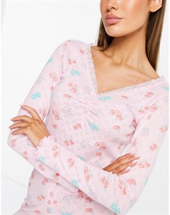 Розовый пижамный топ с длинными рукавами цветочным принтом и оборками по краю Выбирай и Комбинируй Asos design