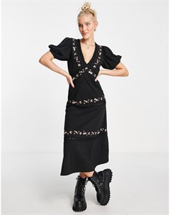 Черное платье миди с кружевной вставкой и цветочной вышивкой Asos design