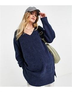 Удлиненный вязаный джемпер темно синего цвета с V образным вырезом Maternity Topshop