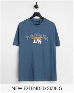 Синяя футболка свободного кроя с принтом Yokohama Asos design
