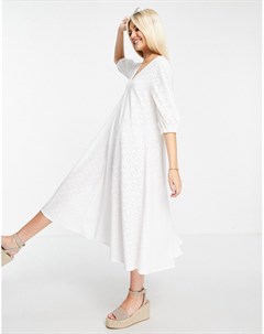 Белое платье миди с вышивкой ришелье V образным вырезом спереди и присборенной юбкой Asos design