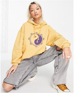 Oversized худи желтого цвета с рисунком STR Stradivarius