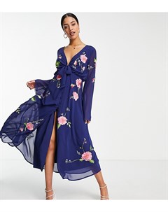 Темно синее платье миди на пуговицах с завязкой спереди и цветочной вышивкой ASOS DESIGN Tall Asos tall