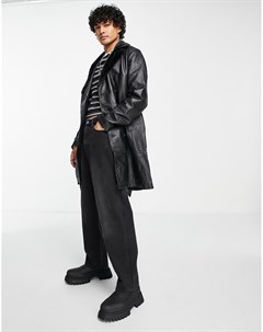 Черное кожаное пальто с воротником из искусственного меха Asos design