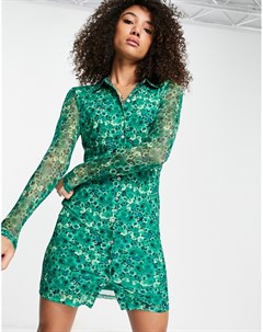 Зеленое сетчатое платье рубашка с цветочным принтом Only