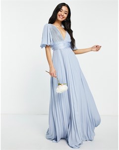 Плиссированное платье макси голубого цвета с расклешенными рукавами и атласным поясом на талии Bride Asos design