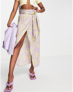 Желто сиреневая атласная юбка миди с запахом и цветочным принтом Asos design