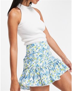 Присборенная мини юбка голубого цвета с цветочным принтом от комплекта Glamorous