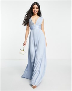 Плиссированное платье макси голубого цвета на бретелях с атласной лентой поясом Bridesmaid Asos design