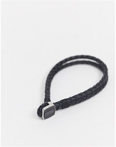 Кожаный плетеный браслет черного цвета с металлической застежкой Boss