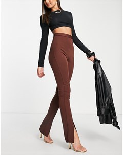 Эластичные классические брюки цвета горького шоколада с завышенной талией и разрезом спереди Flounce london