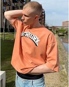 Оранжевая oversized футболка из плотного материала с эффектом кислотной стирки и принтом New York Asos design