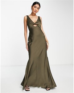 Атласное платье макси хвойного цвета с перекрученной отделкой спереди Bridesmaid Asos design