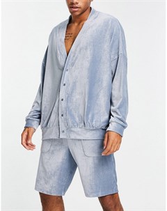 Велюровый пижамный комплект серого цвета в рубчик из кардигана и шорт Asos design