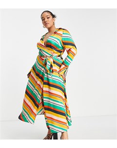 Платье миди в яркую разноцветную полоску с запахом и воротником ASOS DESIGN Curve Asos curve