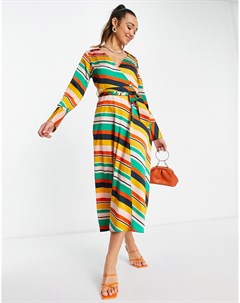 Атласное платье миди в яркую разноцветную полоску с запахом и воротником Asos design