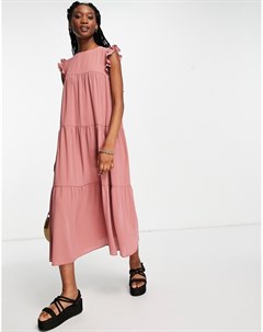 Розовое ярусное платье миди с оборками без рукавов Asos design