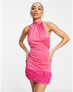 Розовое атласное платье мини с завязками на шее и отделкой из искусственных перьев Asos design