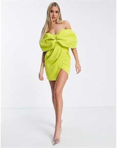 Желто зеленое платье мини со складками открытыми плечами и запахом Asos design