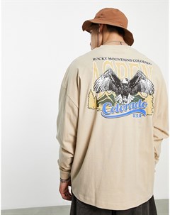 Oversized лонгслив бежевого цвета с винтажным принтом дикой природы на спине Asos design