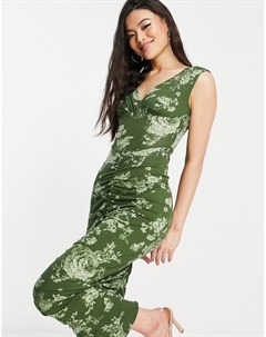 Зеленое платье миди с корсетной вставкой заниженной талией и цветочным принтом Asos design