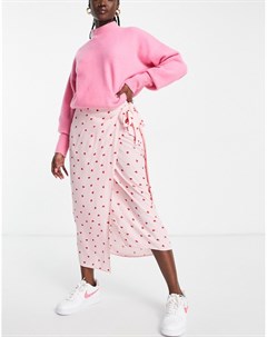 Атласная юбка миди с запахом розового цвета с принтом в виде сердечек от комплекта Style cheat