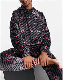 Комплект из худи и джоггеров из мягкого искусственного меха черного цвета с принтом логотипа розовог Dkny