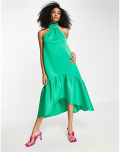 Зеленое платье миди с высоким воротником трапециевидным дизайном и баской Asos design