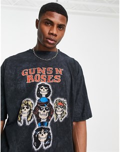 Черная выбеленная oversized футболка с принтом Guns N Roses Topman