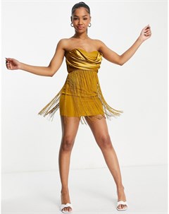 Золотистое платье бандо мини с бахромой Asos design