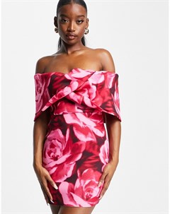 Платье мини с принтом роз открытыми плечами и вырезом сердечком Asos design
