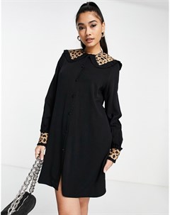 Черное платье мини с контрастным леопардовым воротником Never fully dressed