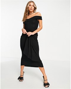 Черное платье миди со сборками корсетным лифом и открытыми плечами Asos design