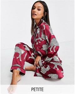 Атласная пижама с рубашкой с отложным воротником и брюками винного цвета с принтом леопардов Chelsea peers petite