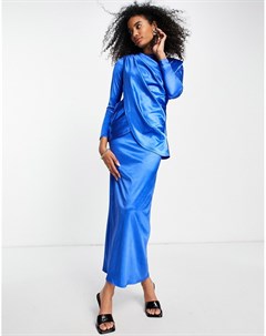 Кобальтовое атласное платье макси с длинными рукавами драпировкой и подплечниками Asos design