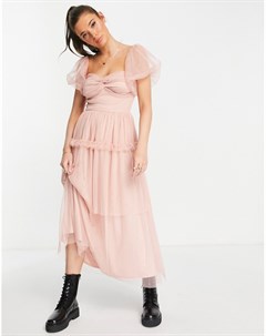 Бледно розовое ярусное платье миди из тюля с перекрученной отделкой и открытыми плечами Miss selfridge
