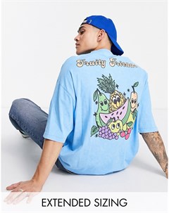 Голубая выбеленная oversized футболка с принтом мультяшных фруктов на спине Asos design