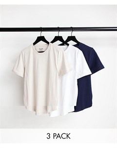 Набор из 3 длинных футболок из органического хлопка со скругленным нижним краем белого темно синего  Jack & jones