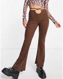 Коричневые расклешенные брюки в мелкий рубчик с перекрестными завязками на бедрах от комплекта Topshop