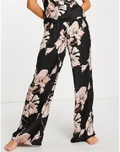 Черные атласные пижамные брюки с цветочным принтом Hunkemoller