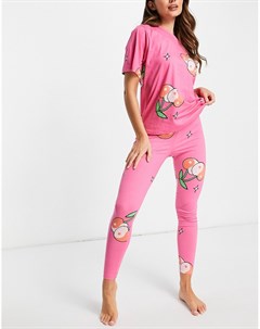 Розовый пижамный комплект из oversized футболки и леггинсов с принтом вишен с символом инь и ян Asos design