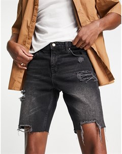 Узкие джинсовые шорты выбеленного черного цвета с большими рваными разрезами и необработанным низом  Asos design