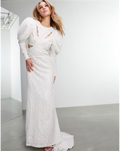 Свадебное платье из кружева с ресничками с объемными рукавами и декоративными вырезами Lori Asos edition
