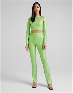 Ярко зеленые блестящие расклешенные брюки с вырезом от комплекта Bershka