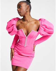 Ярко розовое платье мини с пышными рукавами и отделкой стразами по кромке Asos design